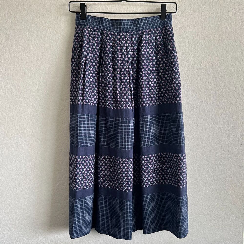 BETTY BARCLAY Vintage 70s Navy Blue Floral Grid A-Line Maxi Skirt Womens XS-S